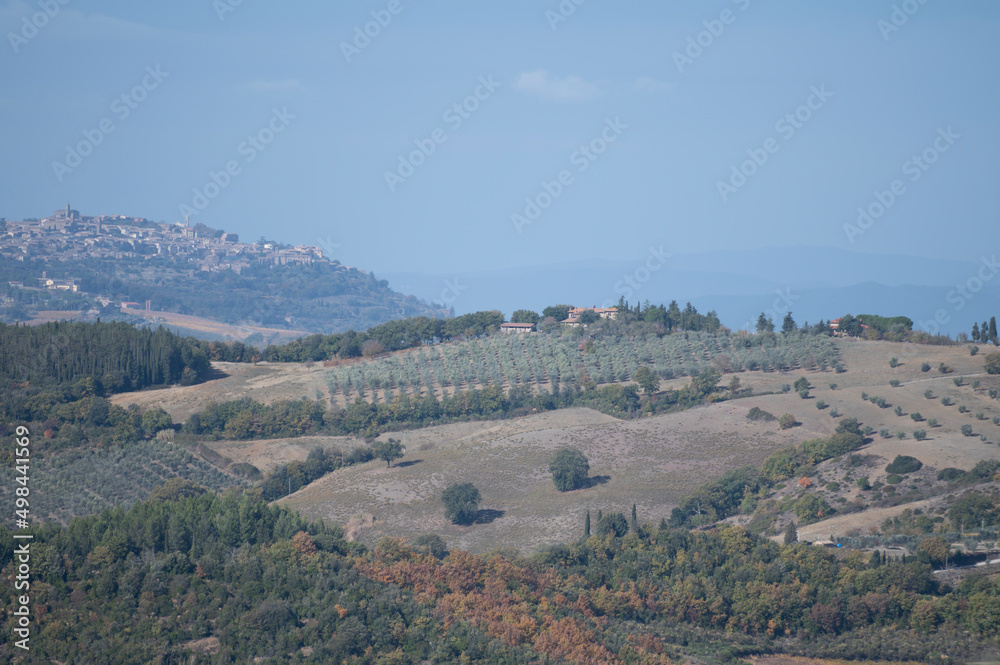 Aerial view on hills near Castiglione, Tuscany, Italy. Tuscan landscape with cypress trees, vineyards, forests and ploughed fields in autumn.