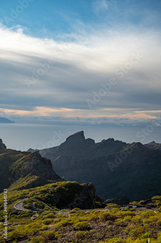 Mountains range in Rural de Teno park near isolated village Masca on Tenerife and La Gomera island on background, Canary islands, Spain