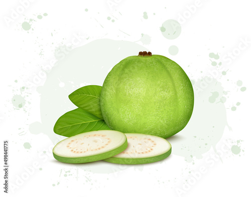 Fresh Green Guava vector illustration with Guava slices and green leaves