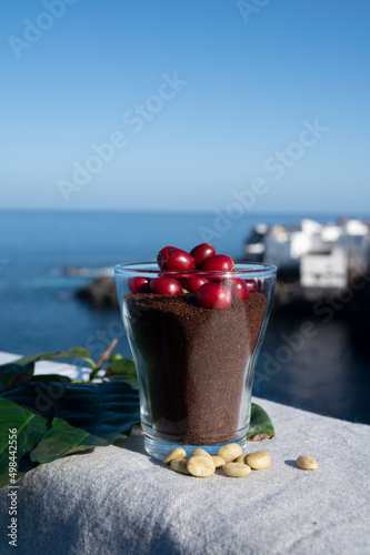 Red ripe arabica coffee berries, green coffee beands, leaves and roasted ground coffee in glass and blue ocean view photo