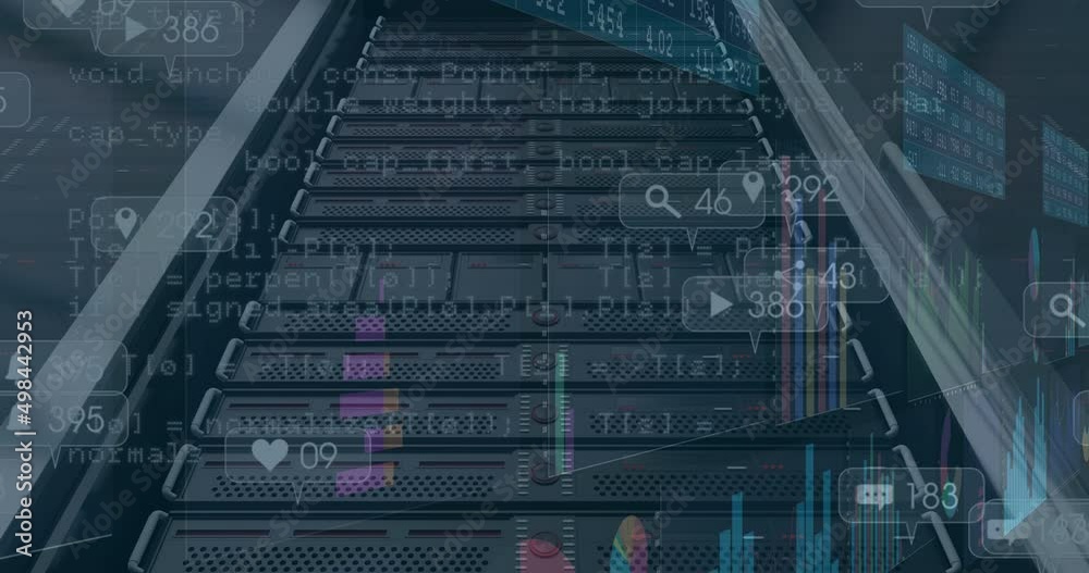 Animation of financial data processing over server room Animation of financial data processing over server room