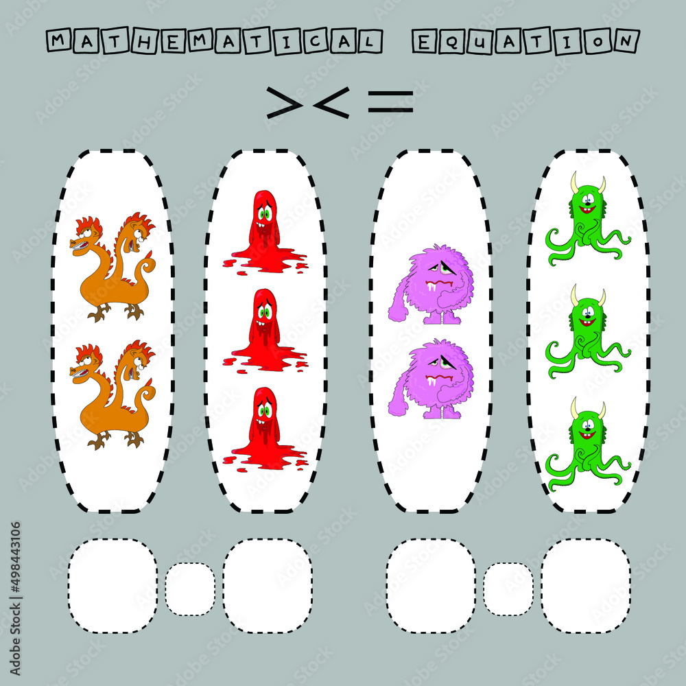 Fototapeta premium math problem: Greater, less, or equal. Count the number of cartoon colored monsters and compare. Educational math game for children. 