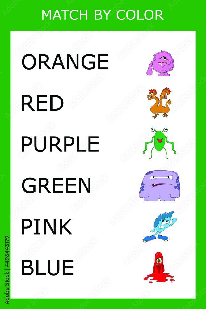 Naklejka premium Connect the name of the color and the character of the monster. Logic game for children.