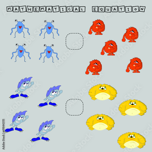 Developing activities for children, compare which more monsters. Logic game for children, mathematical inequalities.