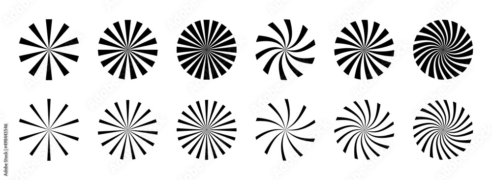 Obraz premium Radial sun burst. Black-white round sunburst icons. Starburst circles. Abstract stripes with center. Sunburst elements isolated on white background. Circular stars. Vector