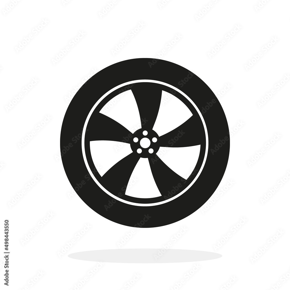 Wheel icon. Car wheel isolated on white background. Tire with rim. Tyre for auto, truck and bus. Black flat logo for automobile parts. Simple round symbol. Vector