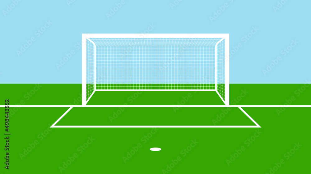 Soccer goal field. Football field, gate with goalpost and net. Soccer background for penalty. Football pitch with green grass and white lines. Flat stadium for game and sport. Vector
