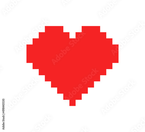 Pixel heart. Pixel heart icon for 8 bit game. Digital art for gamer, computer and love. Red symbol of health isolated on white background. Vector