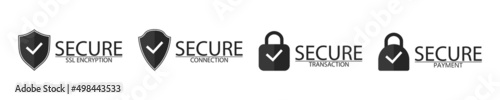 Secure ssl encryption, connection, transaction and payment. Lock icon for secure. Logo of ssl and encryption. Shield with tick for site and protect. Icons isolated on white background. Vector