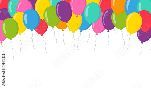 Balloon background. Balloons background with border for birthday, anniversary and party. Flat balloon group for celebration. Happy decoration. Colorful flying ballons. Vector