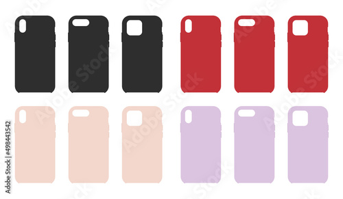 Phone case. Phone cover. Mockup of silicone smartphone case. Mock up of cellphone hard covers. Different Mockups and colors isolated on white background. Vector
