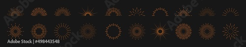 Sunburst circles. Sunburst half circles. Sun burst lines. Icons for brush. Sparks and rays of stars. Retro elements of sunshine isolated on black background. Icons of sunset or sunrise. Vector