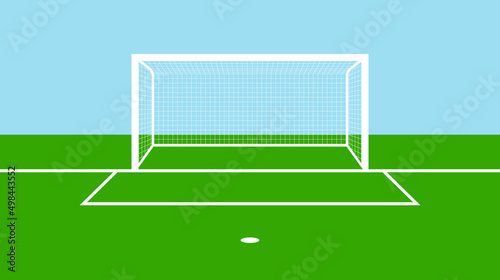 Soccer goal field. Football field, gate with goalpost and net. Soccer background for penalty. Football pitch with green grass and white lines. Flat stadium for game and sport. Vector