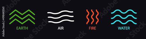 Earth, air, fire and water. Four nature elements. Symbol of earth, fire, water and air isolated on black background. Patterns of environment with 4 logos. Nature concept. Vector