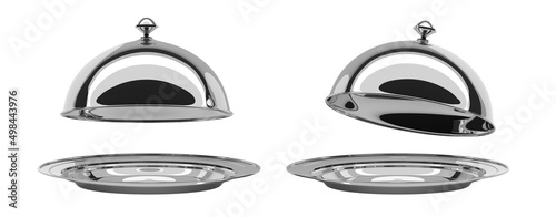 3D Silver tray with open cloche in different angle view. Realistic set of empty chrome plates with dome lids for serving hot food in restaurant. Metal dishes with cover isolated on white background photo