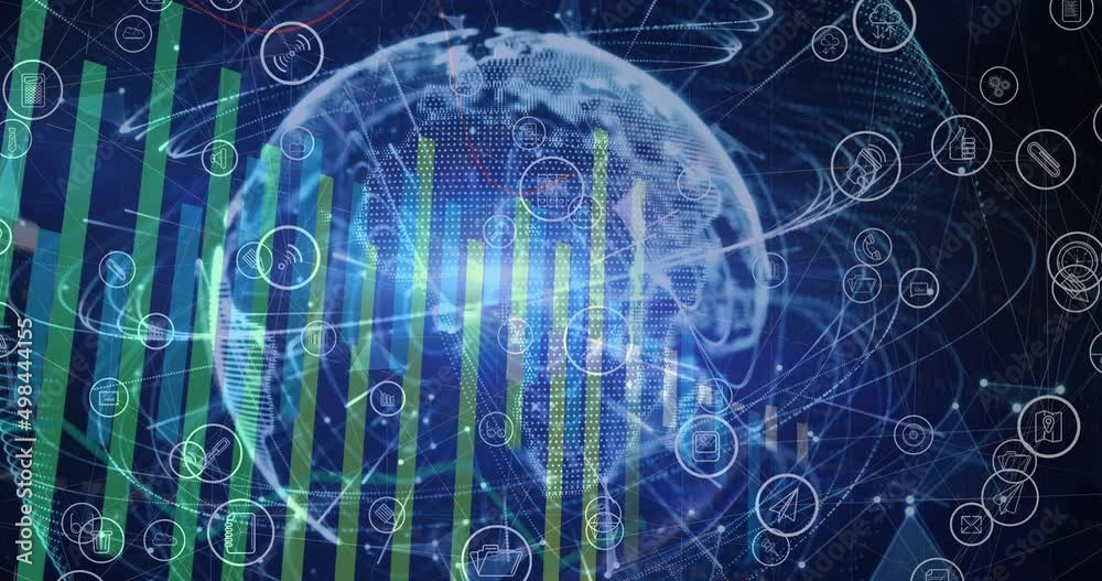 Animation of icons and financial data processing over globe on black background Animation of icons and financial data processing over globe on black background