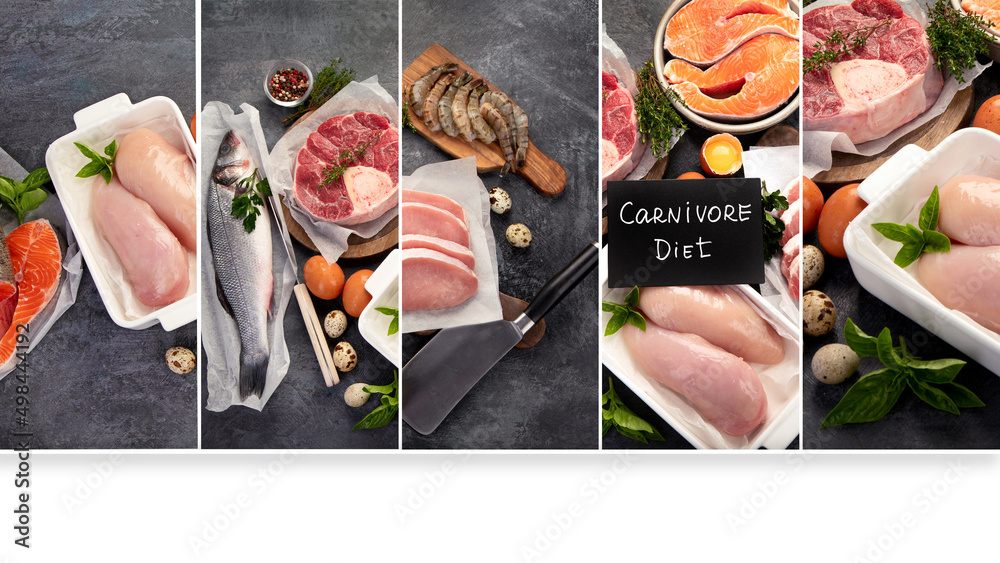 Collage of carnivore diet. - obrazy, fototapety, plakaty 