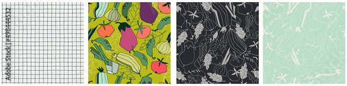 Seamless repeating patterns set with vegetables. Stylized vector line art. Abstract colorful trendy illustrations on green background. Healthy food, carbs, veganism concept