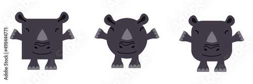A set of animals of square and round shape. Vector illustration of a rhino in a flat style