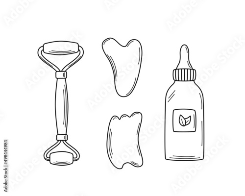 A set of trendy gua sha scrapers made of natural stone and cosmetic oil, roller massager for facial care. Vector illustration skin care concept.