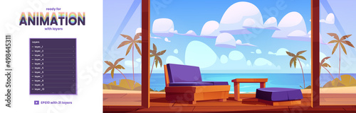 Wooden home terrace with tropical seascape view animation layers for 2d game. Villa, bungalow or hotel area with sofa and ottoman stand on outdoor patio parallax background Cartoon vector illustration