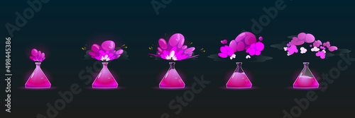 Chemical reaction in flask with explosion and smoke clouds animation sprite. Stages of chemistry laboratory experiment with pink liquid reagent in beaker, isolated tubes with steam, Cartoon vector set