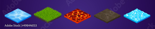 Set of isometric game texture, 3d square icons frozen ice, grass, lava, dry ground and water samples for computer or mobile gui interface design. Fantasy world creation Cartoon vector illustration