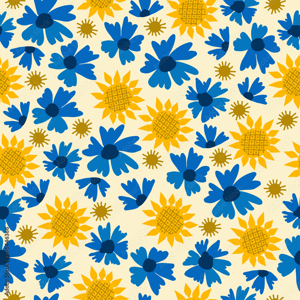 Seamless floral natural abstract pattern, white background. Millefleurs style. Blue yellow. Flowers and leaves. Botanical. Hand drawn. Seamless floral natural abstract pattern, white background. Millefleurs style. Blue yellow. Flowers and leaves. Botanical. Hand drawn.