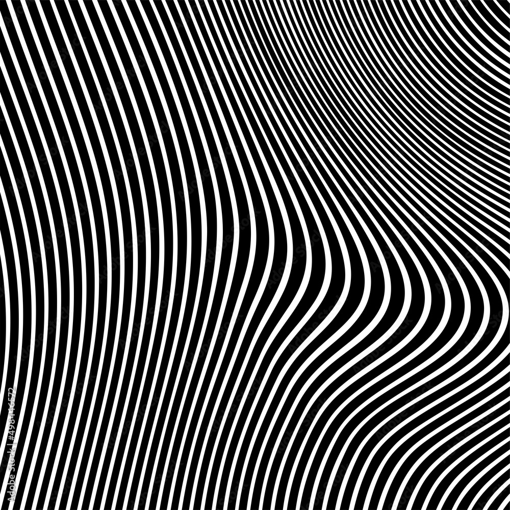 Abstract pattern of wavy stripes or rippled 3D relief black and white lines background. Vector twisted curved stripe modern trendy.3D visual effect, illusion of movement, curvature. Pop art design.
Abstract pattern of wavy stripes or rippled 3D relief black and white lines background. Vector twisted curved stripe modern trendy.3D visual effect, illusion of movement, curvature. Pop art design.
