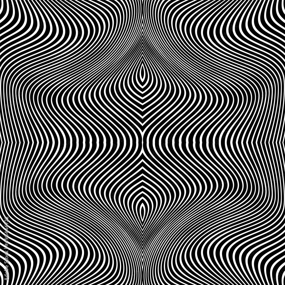 Abstract pattern of wavy stripes or rippled 3D relief black and white lines background. Vector twisted curved stripe modern trendy.Abstract dynamical rippled texture, 3D visual effect, illusion. Abstract pattern of wavy stripes or rippled 3D relief black and white lines background. Vector twisted curved stripe modern trendy.Abstract dynamical rippled texture, 3D visual effect, illusion.