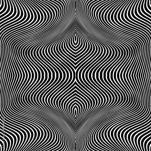 Abstract pattern of wavy stripes or rippled 3D relief black and white lines background. Vector twisted curved stripe modern trendy.Abstract dynamical rippled texture  3D visual effect  illusion.