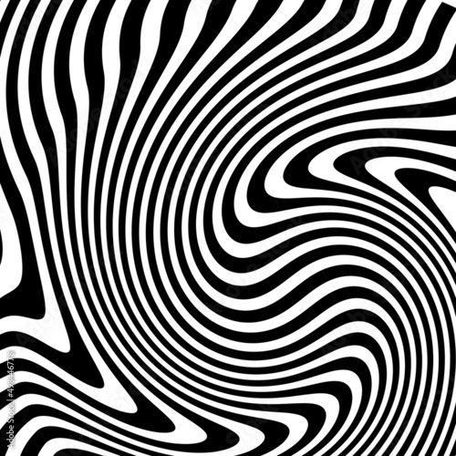 Abstract pattern of wavy stripes or rippled 3D relief black and white lines background. Vector twisted curved stripe modern trendy.Abstract dynamical rippled texture  3D visual effect  illusion.
