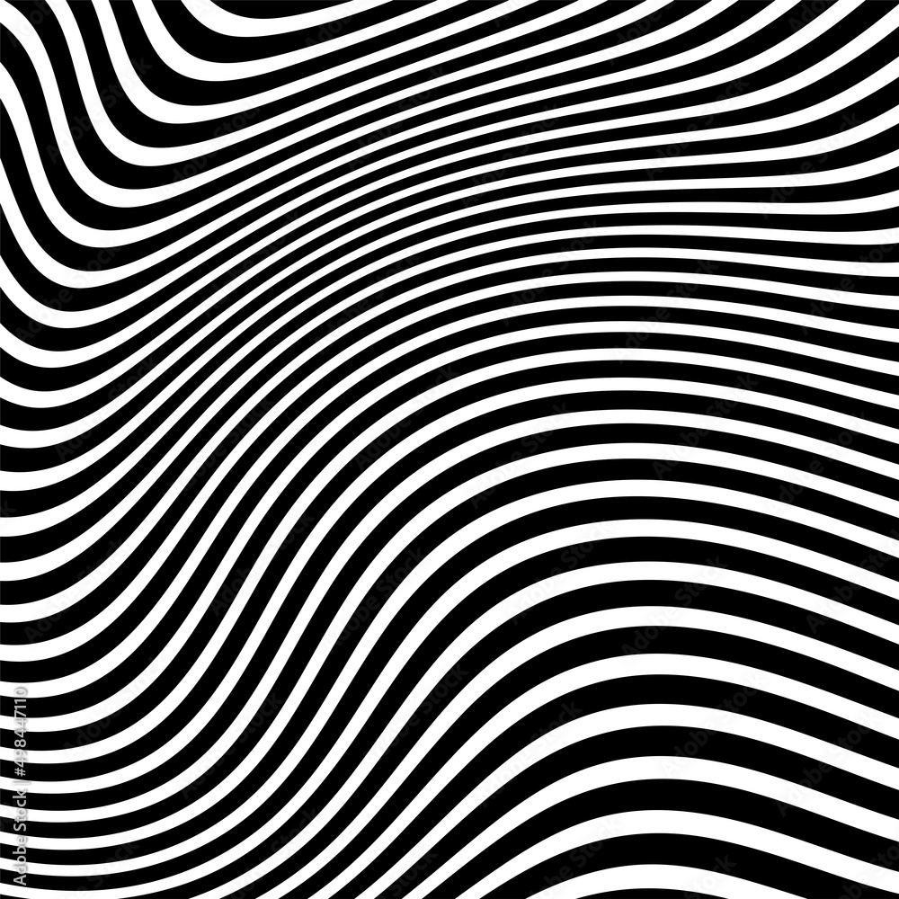 Abstract pattern of wavy stripes or rippled 3D relief black and white lines background. Vector twisted curved stripe modern trendy.3D visual effect, illusion of movement, curvature. Pop art design. Abstract pattern of wavy stripes or rippled 3D relief black and white lines background. Vector twisted curved stripe modern trendy.3D visual effect, illusion of movement, curvature. Pop art design.