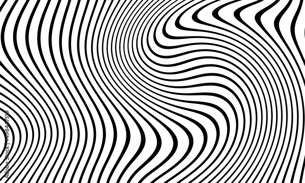 Abstract pattern of wavy stripes or rippled 3D relief black and white lines background. Vector twisted curved stripe modern trendy.Abstract dynamical rippled texture, 3D visual effect, illusion.