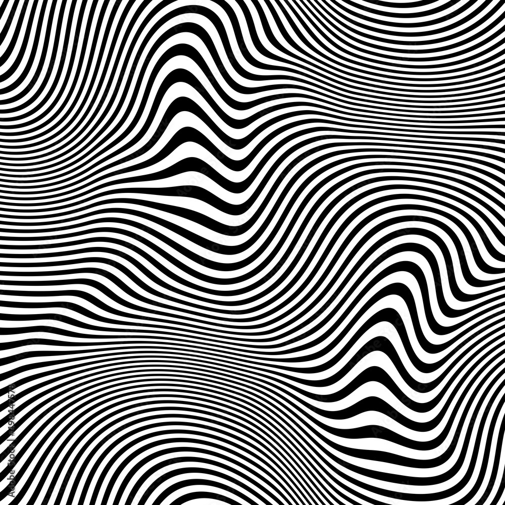 Abstract pattern of wavy stripes or rippled 3D relief black and white lines background. Vector twisted curved stripe modern trendy.3D visual effect, illusion of movement, curvature. Pop art design. Abstract pattern of wavy stripes or rippled 3D relief black and white lines background. Vector twisted curved stripe modern trendy.3D visual effect, illusion of movement, curvature. Pop art design.