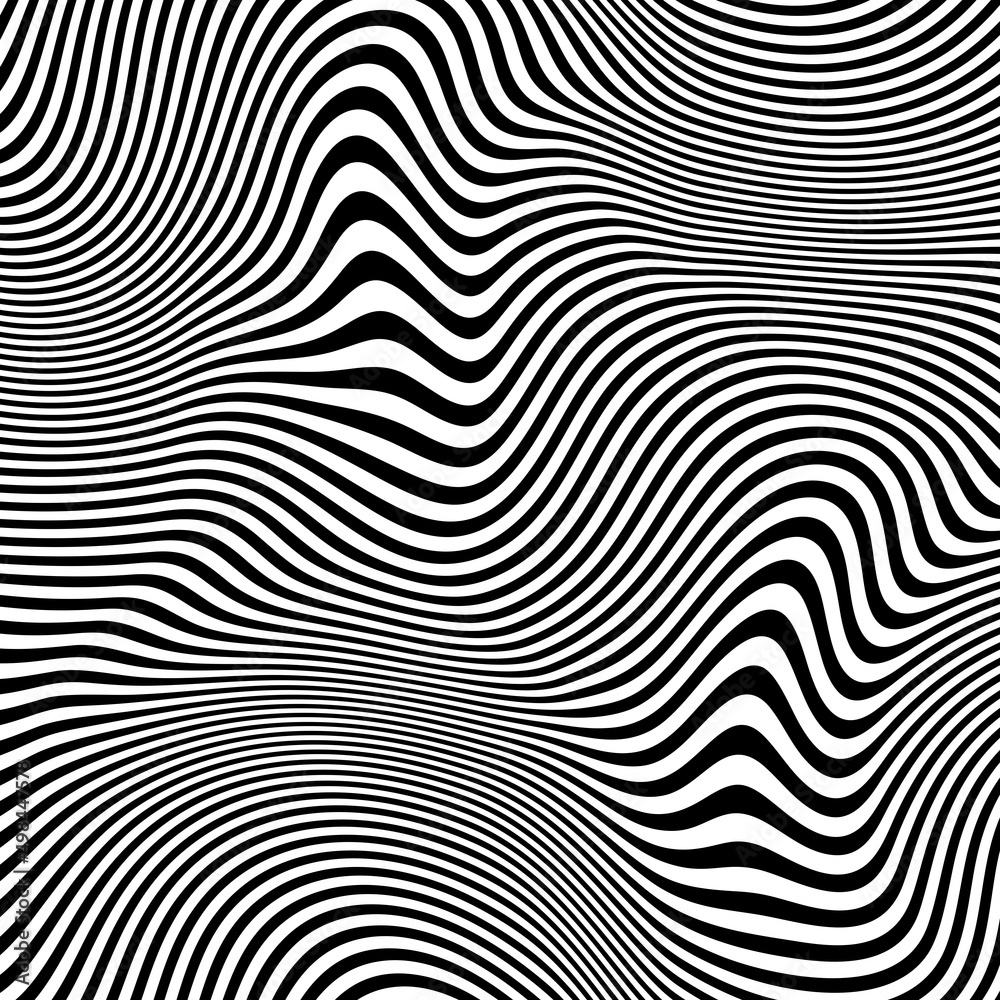 Abstract pattern of wavy stripes or rippled 3D relief black and white lines background. Vector twisted curved stripe modern trendy.3D visual effect, illusion of movement, curvature. Pop art design.