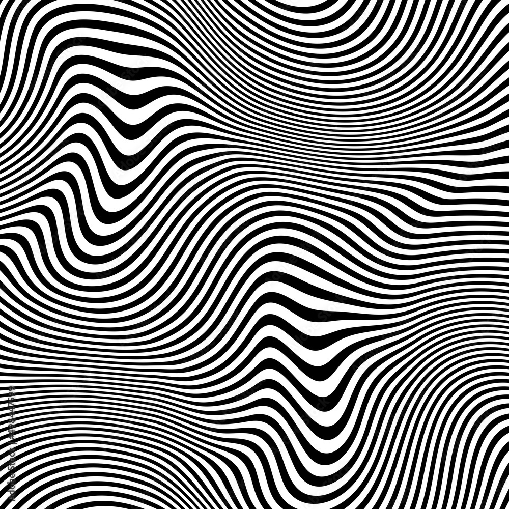 Abstract pattern of wavy stripes or rippled 3D relief black and white lines background. Vector twisted curved stripe modern trendy.3D visual effect, illusion of movement, curvature. Pop art design.
Abstract pattern of wavy stripes or rippled 3D relief black and white lines background. Vector twisted curved stripe modern trendy.3D visual effect, illusion of movement, curvature. Pop art design.