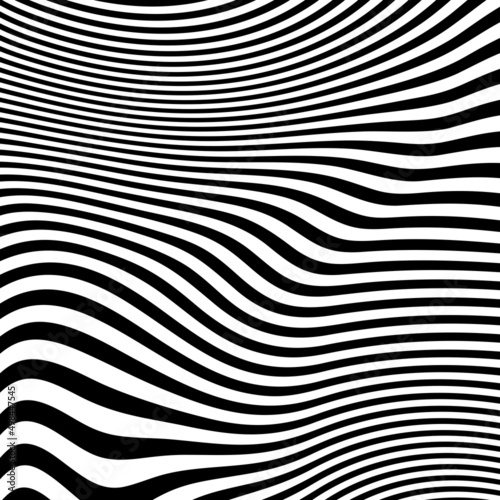 Abstract pattern of wavy stripes or rippled 3D relief black and white lines background. Vector twisted curved stripe modern trendy.3D visual effect, illusion of movement, curvature. Pop art design. © vandana
