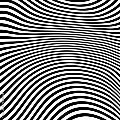 Abstract pattern of wavy stripes or rippled 3D relief black and white lines background. Vector twisted curved stripe modern trendy.3D visual effect, illusion of movement, curvature. Pop art design. 