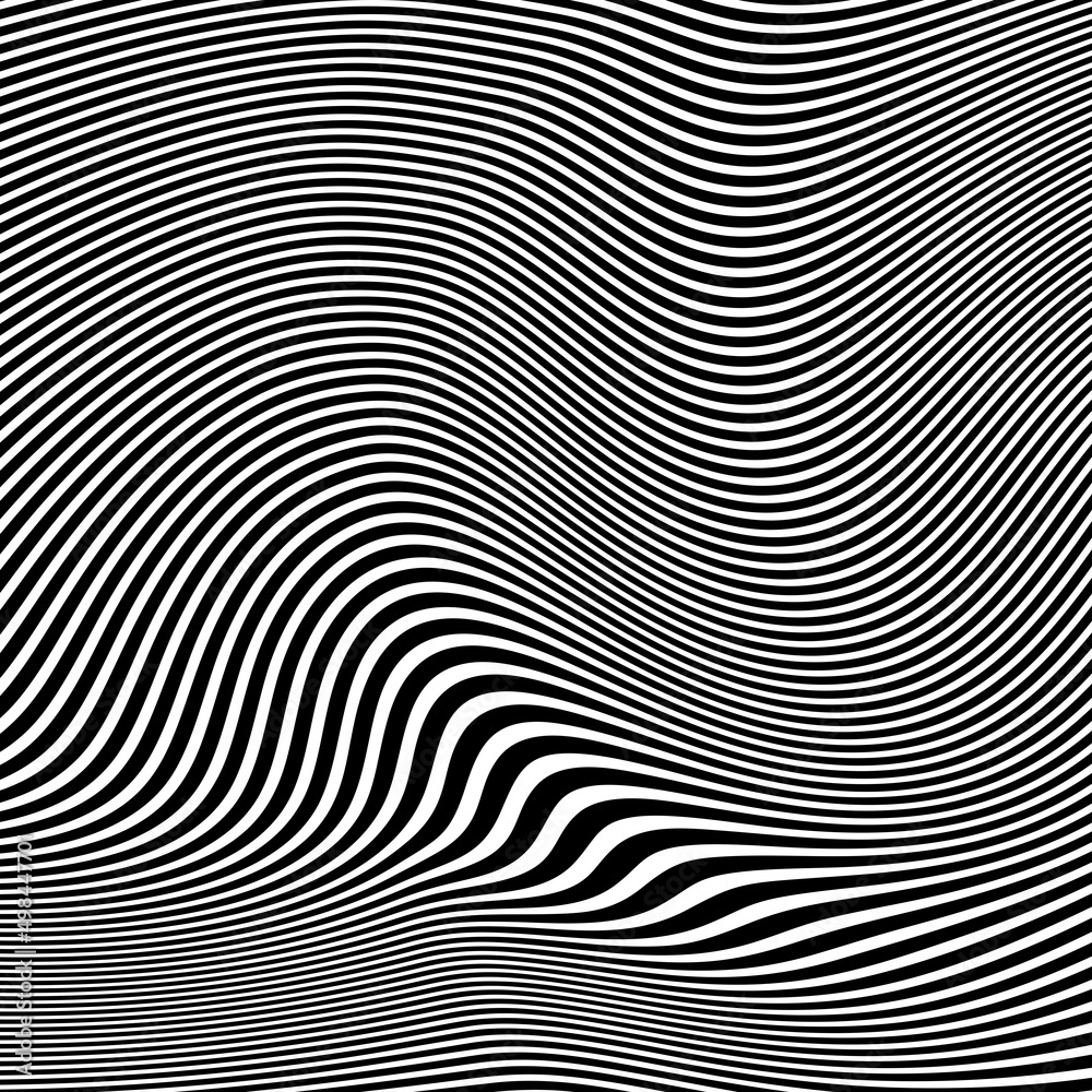 Abstract pattern of wavy stripes or rippled 3D relief black and white lines background. Vector twisted curved stripe modern trendy.Abstract dynamical rippled texture, 3D visual effect, illusion. Abstract pattern of wavy stripes or rippled 3D relief black and white lines background. Vector twisted curved stripe modern trendy.Abstract dynamical rippled texture, 3D visual effect, illusion.