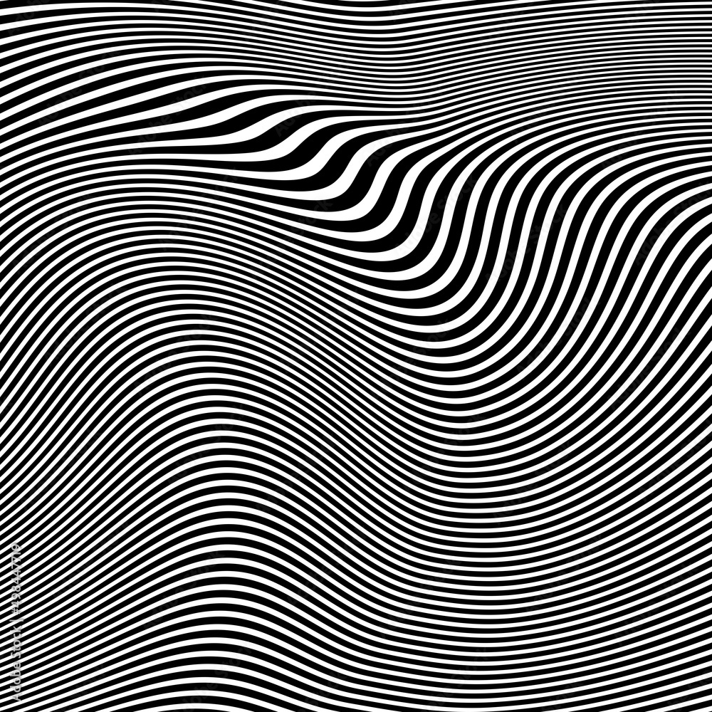 Abstract pattern of wavy stripes or rippled 3D relief black and white lines background. Vector twisted curved stripe modern trendy.Abstract dynamical rippled texture, 3D visual effect, illusion. Abstract pattern of wavy stripes or rippled 3D relief black and white lines background. Vector twisted curved stripe modern trendy.Abstract dynamical rippled texture, 3D visual effect, illusion.