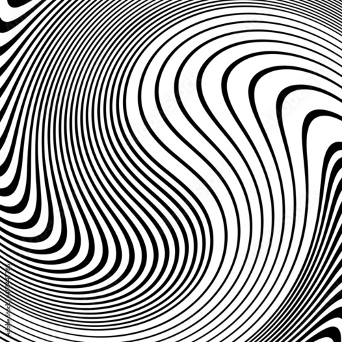 Abstract Black and White Geometric Pattern with Waves. Striped Structural Texture. Raster Illustration.Black and white stripes made in illustrator and rasterized.Stripes pattern for backgrounds.