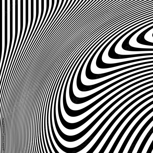Abstract pattern of wavy stripes or rippled 3D relief black and white lines background. Vector twisted curved stripe modern trendy.3D visual effect  illusion of movement  curvature. Pop art design.  