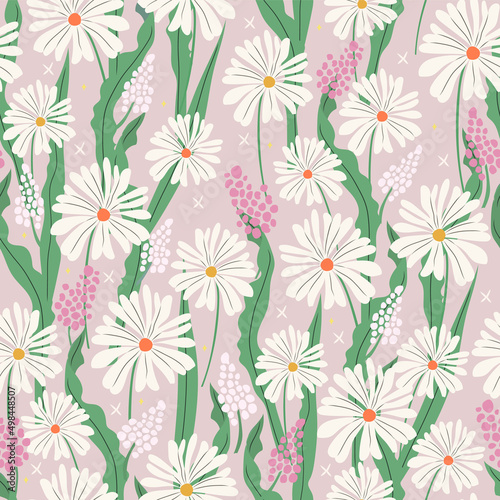 Daisy seamless pattern with hand painted flowers. Floral hand drawn vector background. Perfect for creating fabrics  textiles  wrapping paper  packaging.