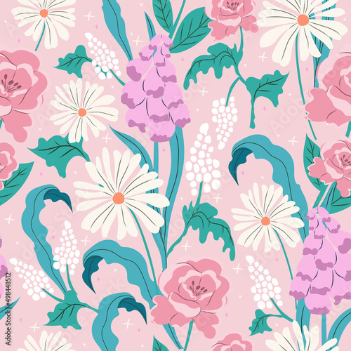 Daisy and peony seamless pattern with hand painted flowers. Floral hand drawn vector background. Perfect for creating fabrics, textiles, wrapping paper, packaging.