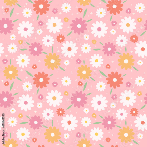 70’s cute seamless repeat daisy pattern with flowers. Floral hippie vector background. Perfect for creating fabrics, textiles, wrapping paper, packaging. © Dovikuu