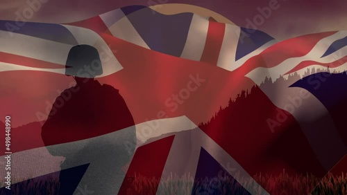 Animation of british flag and soldier over landscape photo