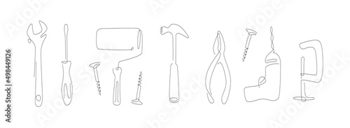 Repair tools one line set. Fixing things line art set. Outline house maintenance equipment vector illustration. One line paint brush collection.