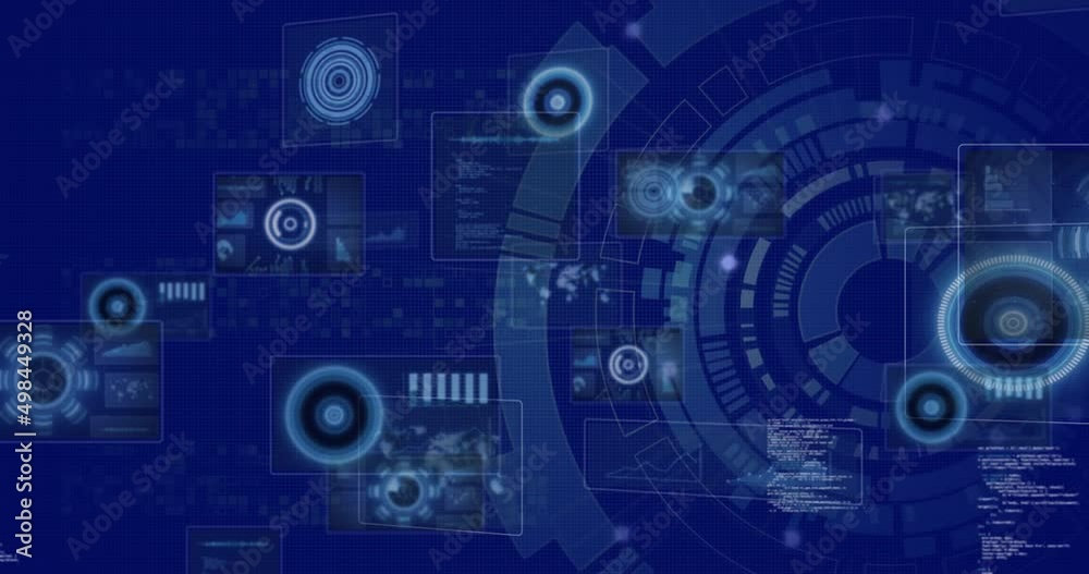 Animation of data processing and digital icons over scope spinning Animation of data processing and digital icons over scope spinning