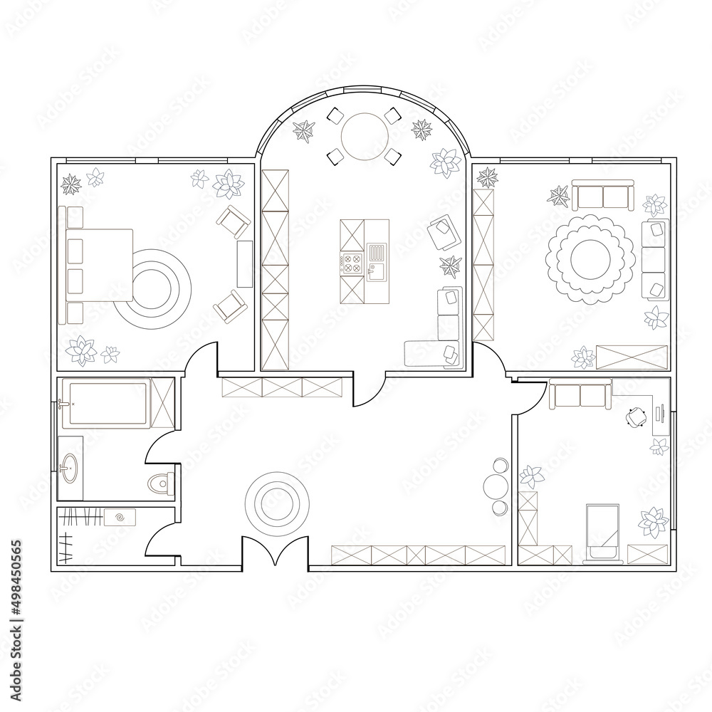 Abstract vector plan of two-bedroom apartment, with kitchen, bathroom, bedroom, living room. Vector illustration EPS8